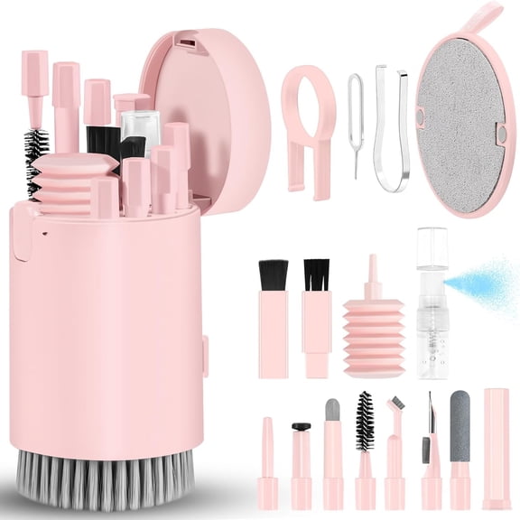 Djiypn Keyboard Cleaner Kit, Electronics Cleaning Kit with Retractable Brush, Portable 20-IN-1 Multi-Tools Kit for Phones, Tablet, Computer, PC, TV with 10ml Mist Spray (Pink)
