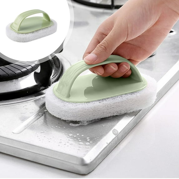 Djiypn Kitchen Cleaning Brush with Handle – Stovetop Stain Remover, Pot Scrubbing Brush, Bathroom Sponge Scrub, and Bathtub Cleaning Brush