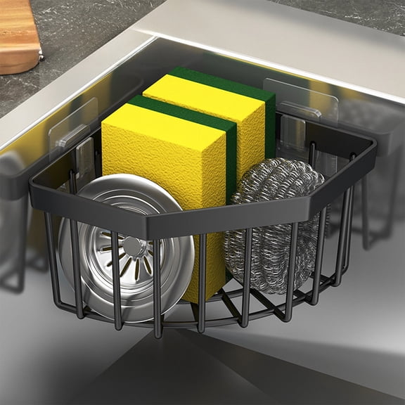 Djiypn Kitchen Sink Caddy Corner Sponge Holder Organizer, Adhesive Corner Caddy for Kitchen, Bathroom, Black