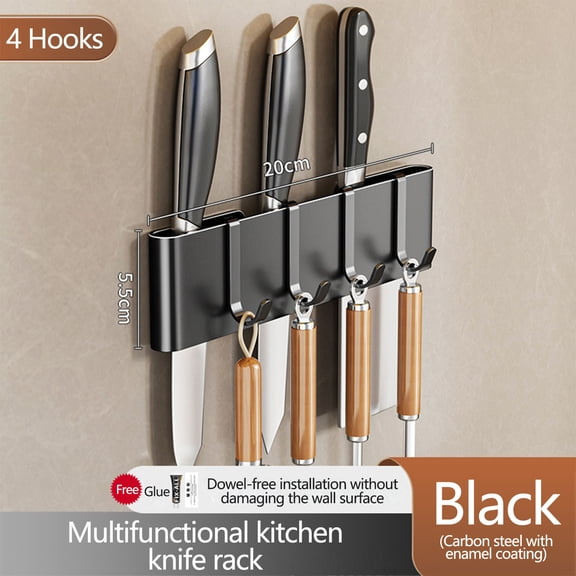 Djiypn Knife Holder for Wall with 4 Hooks - Stainless Steel Adhesive Kitchen Utensils Hanging Rack, Under Cabinet Knives Storage - Kitchen Utensil Organizer, Black
