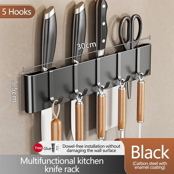 Djiypn Knife Holder for Wall with 5 Hooks - Stainless Steel Adhesive Kitchen Utensils Hanging Rack, Under Cabinet Knives Storage - Kitchen Utensil Organizer, Black