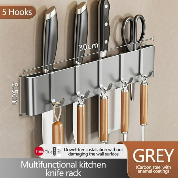 Djiypn Knife Holder for Wall with 5 Hooks - Stainless Steel Adhesive Kitchen Utensils Hanging Rack, Under Cabinet Knives Storage - Kitchen Utensil Organizer, Grey