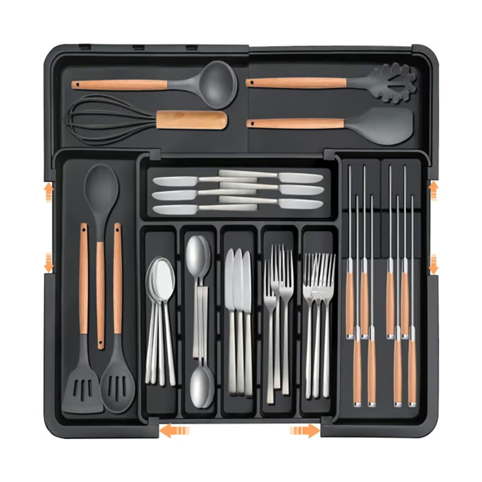 Djiypn Large Silverware Organizer, Expandable Utensils Drawer Organizer for Kitchen Drawers, Kitchen Drawer Organizer for Spoons/Forks/Knives, Multipurpose & BPA Free Cutlery Tray, Black, 1 Pack