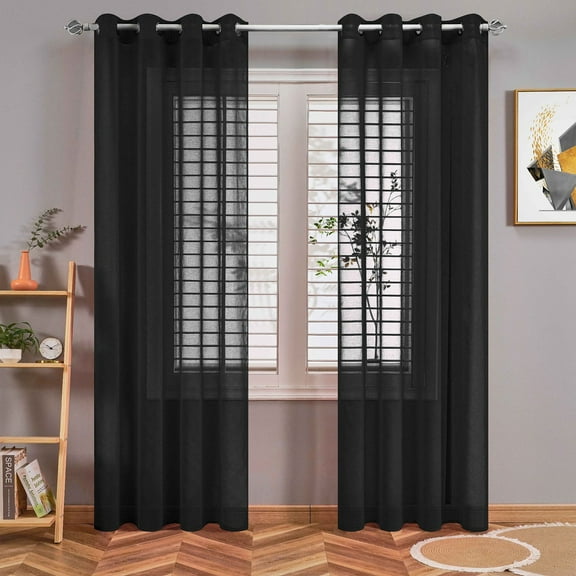 Djiypn Linen Curtains 98 inches Long Window Curtains, Grommet Elegant Privacy Semi Sheer Vertical Drapes for Farmhouse, French Door, Living Room, W39" x L98", Black