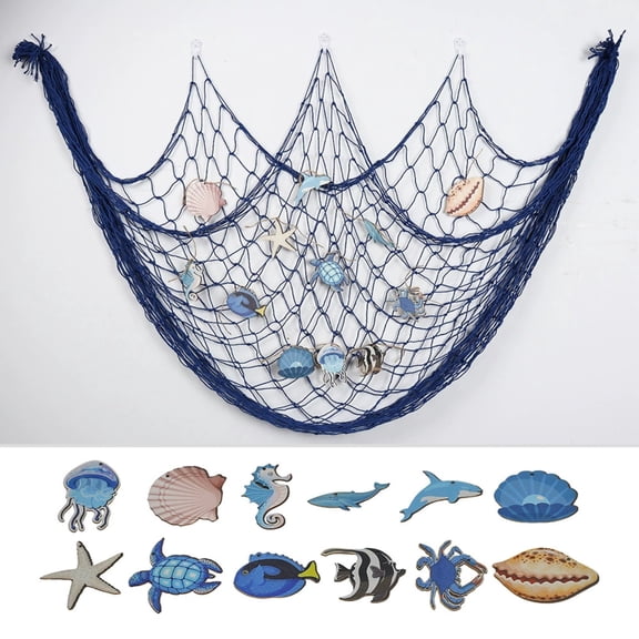 Djiypn Mediterranean Fishing Net Decoration, Fish Netting with Seashell and Led Lights Decor, Nautical Party Decorations, Blue