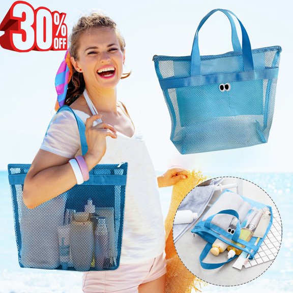 Djiypn Mesh Beach Bag, Portable Toiletry Bag, 14.17 x 12.2 Inch, 11.02 Lbs Capacity, 100% Polyester, Blue
