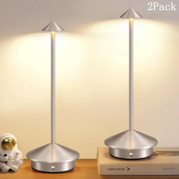 Djiypn Modern Cordless Table Lamp Set of 2, Portable LED Desk Lamps, Rechargeable Battery Operated Lighting for Bedroom Dining Room Restaurant Coffee Shop Camping Night Light (Silver)