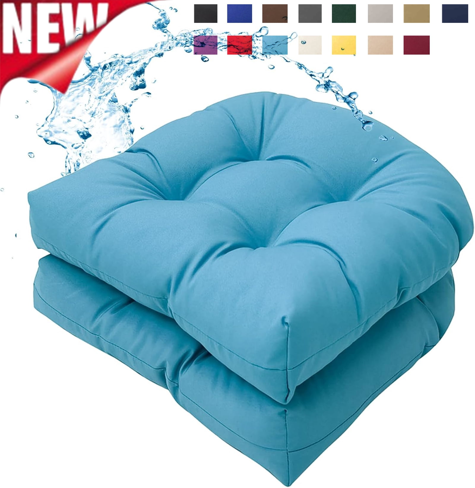 Djiypn Outdoor Chair Cushions Set of 2 for Patio Furniture, Tufted Overstuffed Patio Furniture Cushions, Thick Outdoor Seat Cushion, 19" X 19", Sky Blue