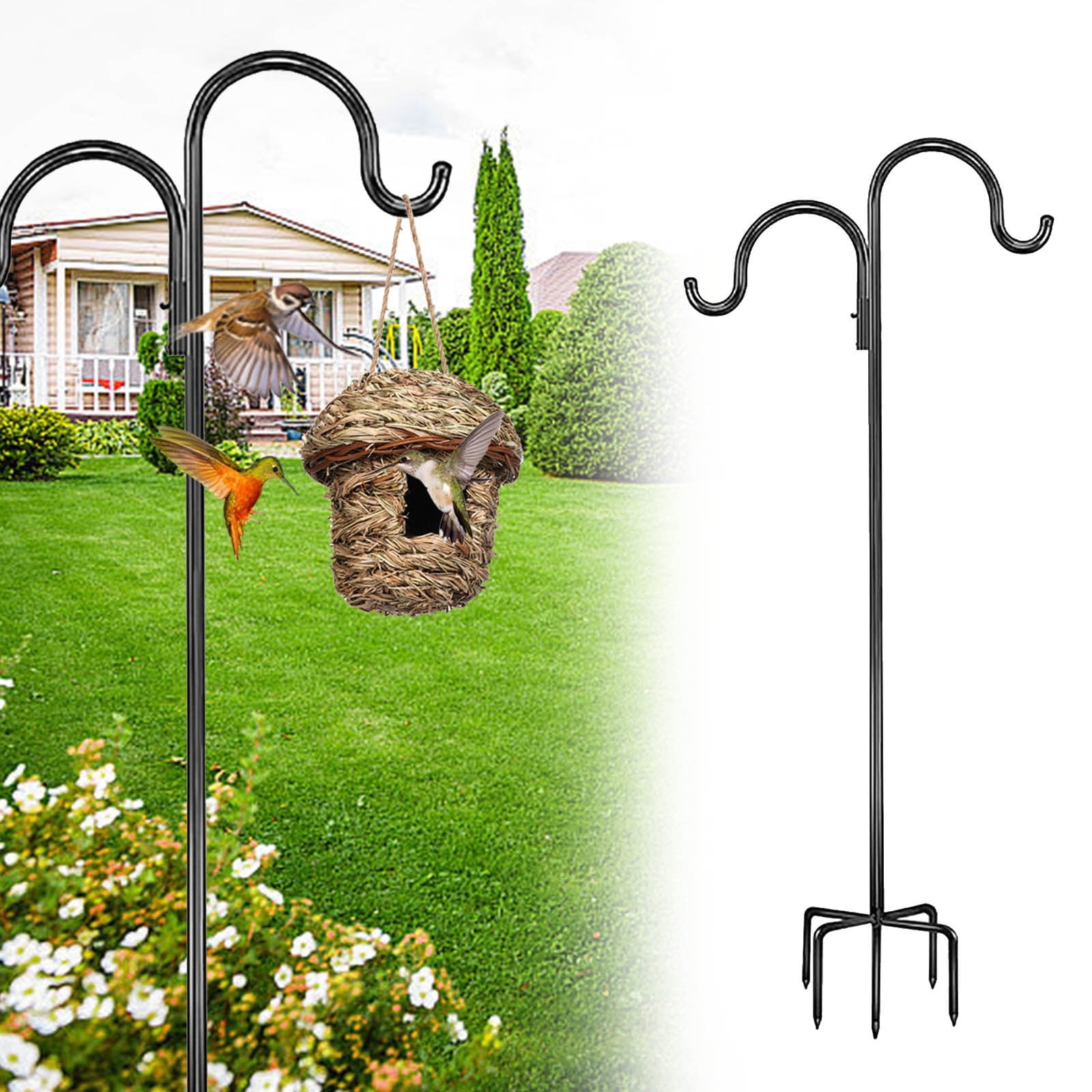 Djiypn Outdoor Hummingbird Feeder with Double Hooks -Sturdy Garden Hanging Pole with 5-Prong Base for Flower Baskets, Lanterns, Solar Lights -Perfect for Garden Weddings and Home Decor Enthusiasts