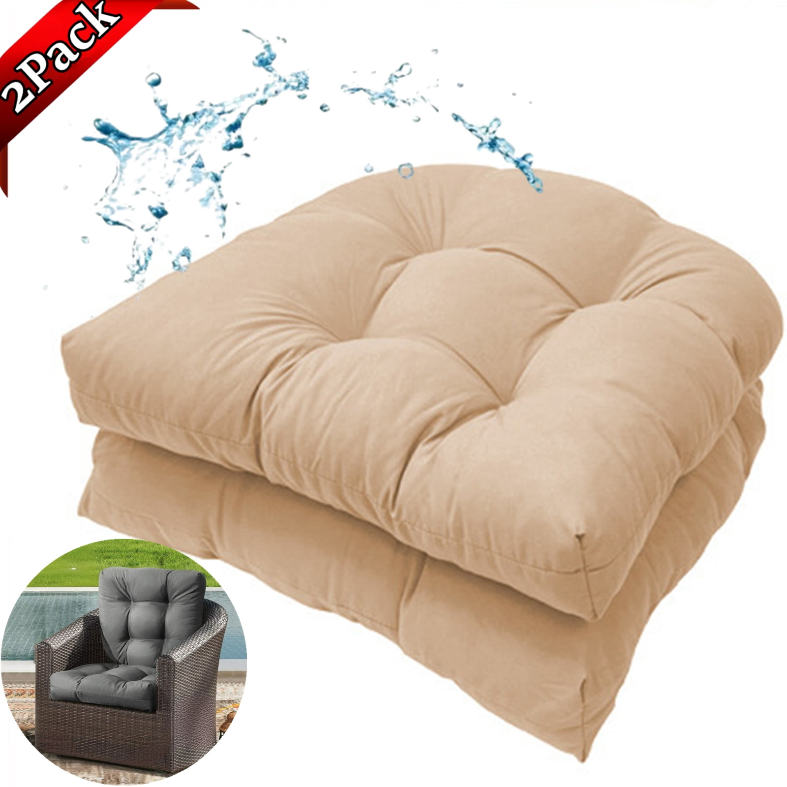 Djiypn Outdoor/Indoor Chair Cushions Set of 2, 18.9"x18.9"Tufted Seat Cushions , U-Shaped Chair Pads for Patio Garden Lawn, Beige