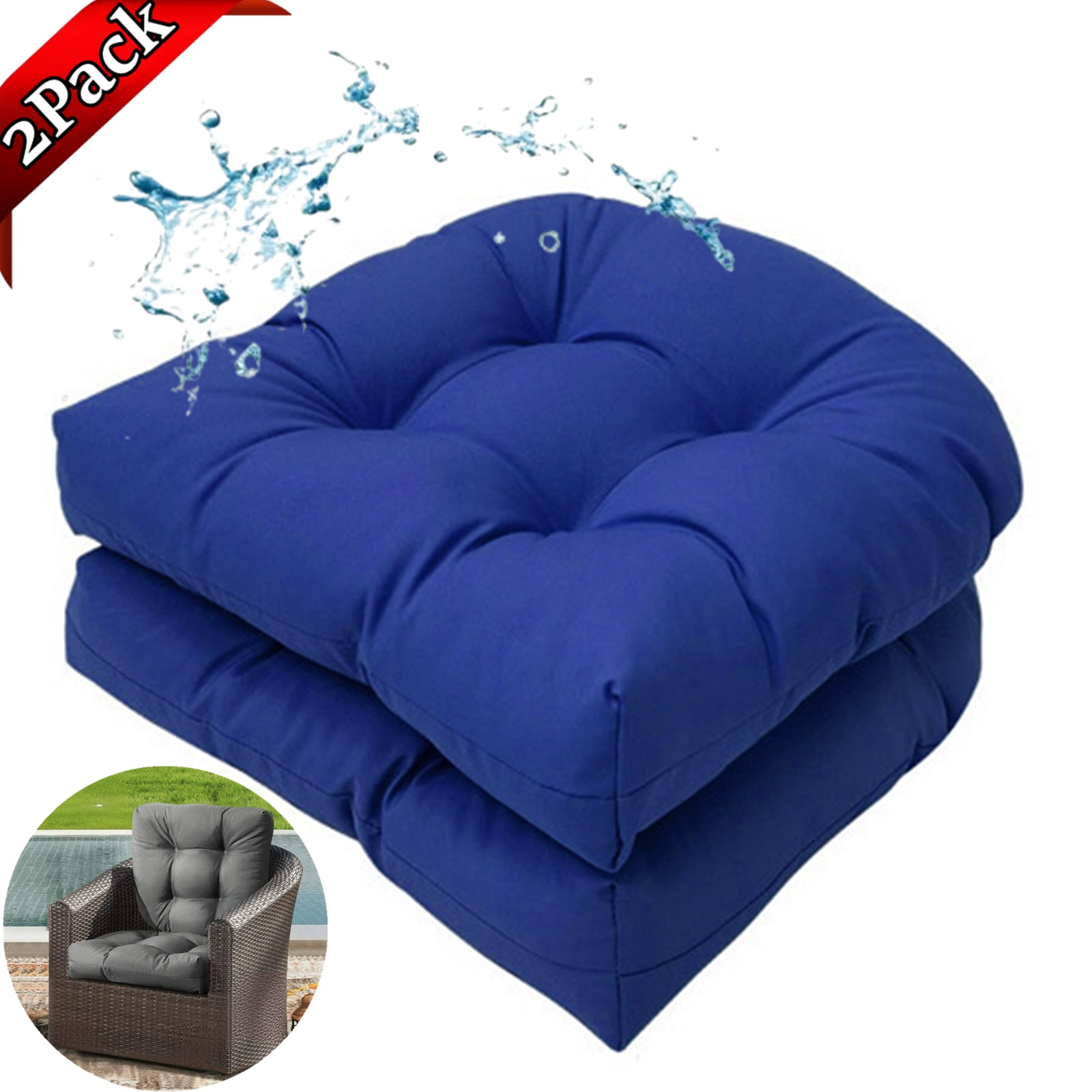 Djiypn Outdoor/Indoor Chair Cushions Set of 2, 18.9"x18.9"Tufted Seat Cushions , U-Shaped Chair Pads for Patio Garden Lawn, Blue