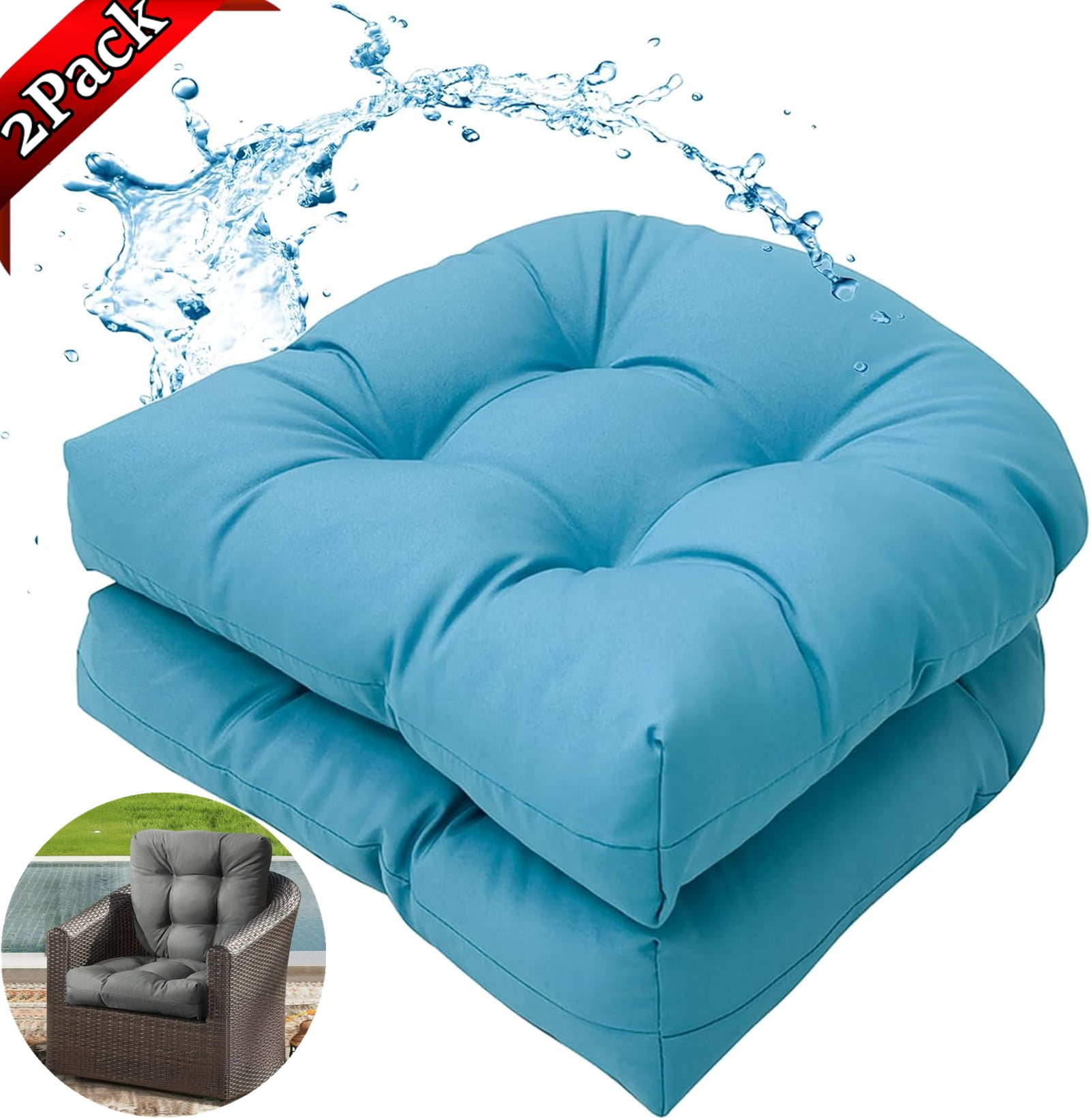 Djiypn Outdoor/Indoor Chair Cushions Set of 2, 18.9"x18.9"Tufted Seat Cushions , U-Shaped Chair Pads for Patio Garden Lawn, Light Blue