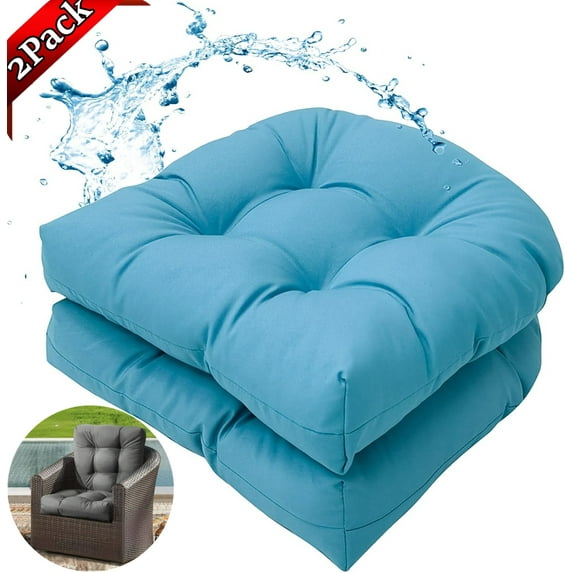 Djiypn Outdoor/Indoor Chair Cushions Set of 2, 18.9"x18.9"Tufted Seat Cushions , U-Shaped Chair Pads for Patio Garden Lawn, Light Blue
