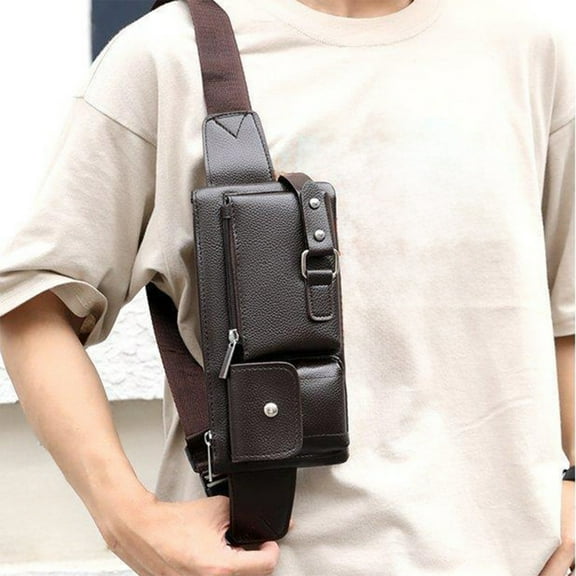 Djiypn PU Leather Fanny Pack Waist Bag for Men Women Outdoor Travel Hunting Hiking Camping Adjustable Belt Cell Phone Purse Wallet Pouch, Brown