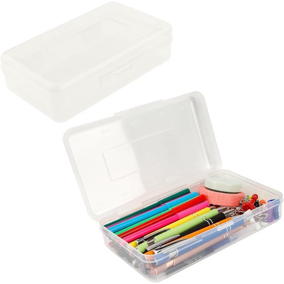 Djiypn Pencil Box, Clear Pencil Case, Large Capacity Plastic Hard Pencils Case Crayon Box with Snap-Tight Lid Stackable Pens Pencils Storage Office Supplies, 2Pack,Clear