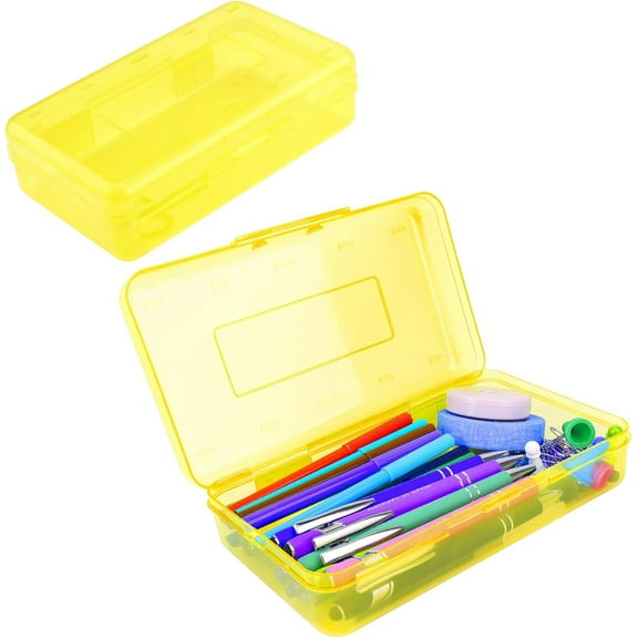 Djiypn Pencil Box, Clear Pencil Case, Large Capacity Plastic Hard Pencils Case Crayon Box with Snap-Tight Lid Stackable Pens Pencils Storage Office Supplies, 2Pack,Yellow