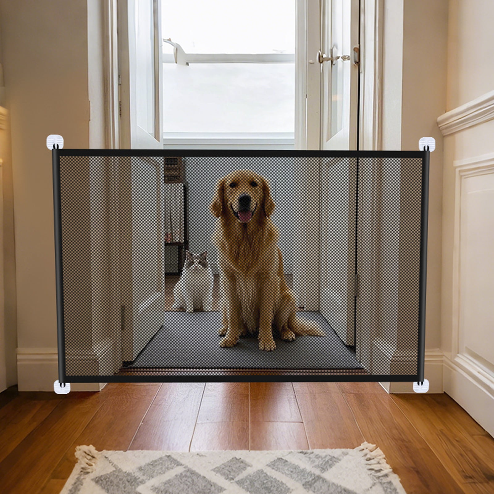Djiypn Retractable Baby Gates for Stairs, 43.3" Wide Mesh Cat Dog Gate for Doorways, 28.35" Tall Easy to Use Pet Fence for The House, Toddler Safety Essentials Indoor&Outdoor