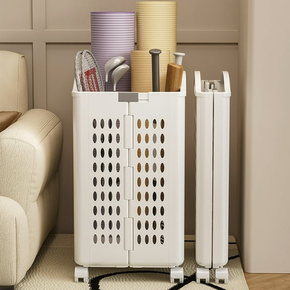 Djiypn Rolling Plastic Collapsible Laundry Basket Cube Storage Bin Box Organizer with Wheels and Handle, Durable Ventilated Foldable Hamper for Bedroom Dirty Clothes, 35L Large Capacity, White