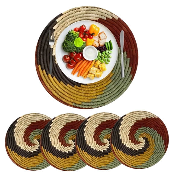 Djiypn Round Woven Placemats Set of 4, 15" Boho Rattan Placemats Linen Place Mats Table Decor, Chargers for Dinner Plates, Farmhouse Place Mats, Wicker Table Mats for Dining Table, Home