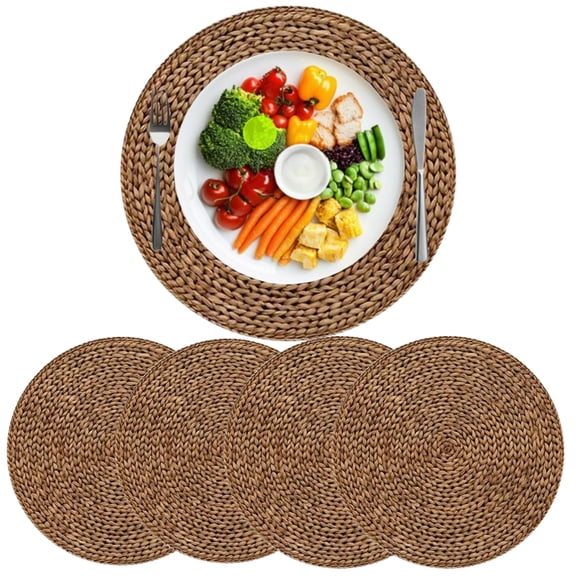 Djiypn Round Woven Placemats Set of 4, 15" Boho Rattan Placemats Linen Place Mats Table Decor, Chargers for Dinner Plates, Farmhouse Place Mats, Wicker Table Mats for Dining Table, Home