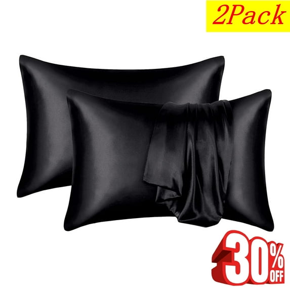 Djiypn Satin Silk Pillowcase for Skin and Hair, 2 Pack - Envelope Closure - Bedding Pillow Cases(20" x 26"), Soft Breathable Smooth Cooling Silk Pillow Covers for Sleeping, Black