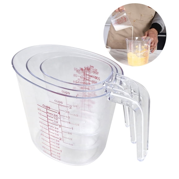Djiypn Set of Three Thickened Plastic Measuring Cups with Clear Markings, 250ml 500ml 1000ml Sizes for Kitchen, Easy Grip for Cooking and Baking, Dishwasher Safe