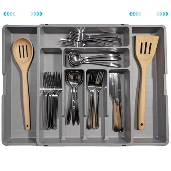 Djiypn Silverware Organizer - Expandable Kitchen Drawer Organizer, Adjustable Utensil Organizer, Cutlery Tray for Forks, Knives, Multipurpose Kitchen Organizers and Storage Solution, Gray