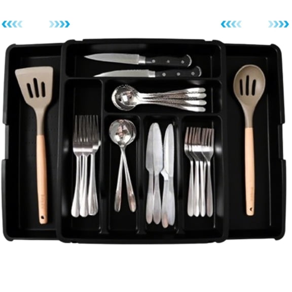 Djiypn Silverware Organizer - Expandable Kitchen Drawer Organizer, Adjustable Utensil Organizer, Cutlery Tray for Forks, Knives, Multipurpose Kitchen Organizers and Storage Solution, Black