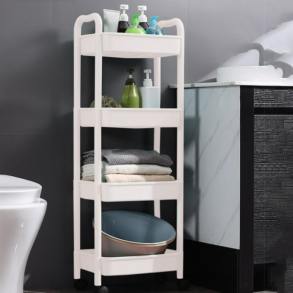 Djiypn Slim Rolling Storage Cart 4 Tier Bathroom Organizer Cart Mobile Shelving Unit Slide Out Utility Cart for Kitchen, Bthroom, Makeup, Craft, Laundry Narrow Places, White