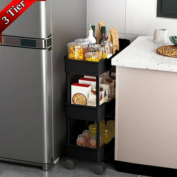 Djiypn Slim Storage Cart 3 Tier, Bathroom Organizer Rolling Utility, Mobile Shelving Unit Slide Out for Office, Kitchen, Bathroom, Laundry Room, Narrow Places, Black