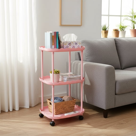 Djiypn Small Side Table - 3-Tier Table for Small Spaces, Plastic Couch End Table, Nightstand for Bedroom or End Table Living Room, Easy to Assemble, Pink