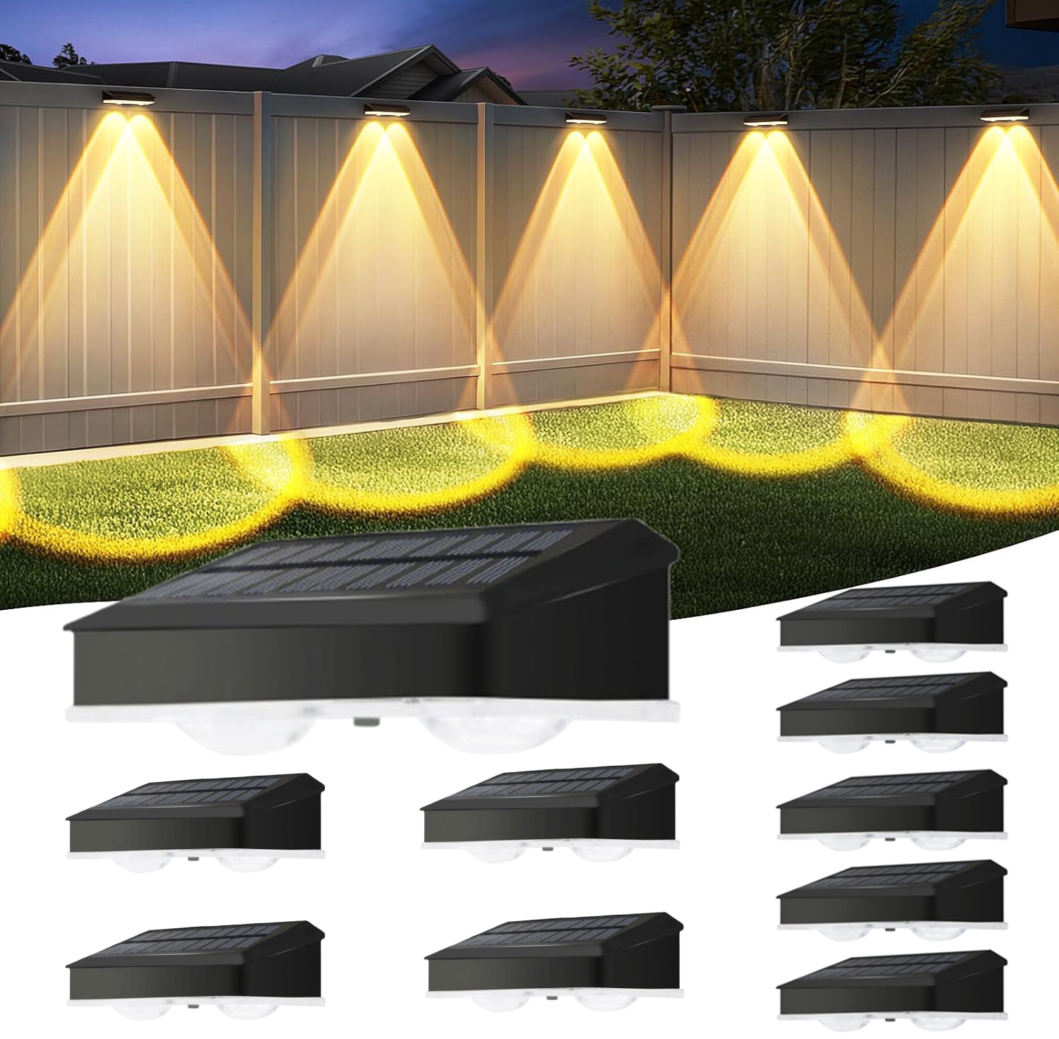 Djiypn Solar Fence Lights Outdoor, 10 Pack Warm White Fence Lights Solar Powered with 2 LED, IP65 Waterproof, Deck Lighting for Backyard, Patio, Wall, Railing, Pool, Stair