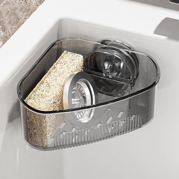 Djiypn Suction Cup Sink Corner Rack, Sink Corner Drain Box For kitchen, Clear Corner Sink Strainer Basket with Drainage Holes, Sink Organizer Rack for Kitchen for Sponges, Scrubbers (Black)