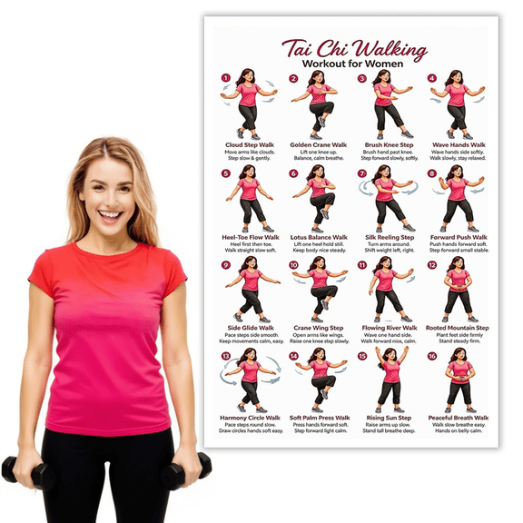 Djiypn Tai Chi Walking Workout Chart Wall Art, Tai Chi Walking Workout for Women Poster, Balance & Mindful Movement Exercise for Living Room Yoga Studio Gym Office