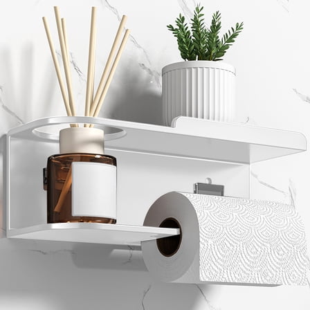 Djiypn Toilet Paper Holder with Shelf - Toilet Paper Holder Wall Mount Toilet Roll Holder with Wipes Perfume Storage for Bathroom Stainless Steel White