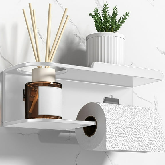 Djiypn Toilet Paper Holder with Shelf - Toilet Paper Holder Wall Mount Toilet Roll Holder with Wipes Perfume Storage for Bathroom Stainless Steel White