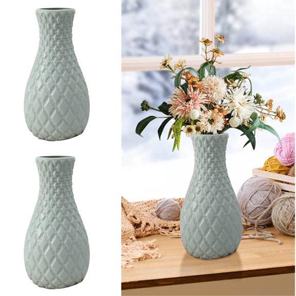 Djiypn Unbreakable Vase for Flowers, 2Pack Ceramic Look Plastic Vase for Home Decor, Living Room, Centerpieces (Green)