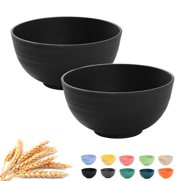 Djiypn Unbreakable Wheat Straw Cereal Bowls - Microwave, Dishwasher Safe Lightweight Soup and Salad Bowls, 2Pack, 25oz, Black