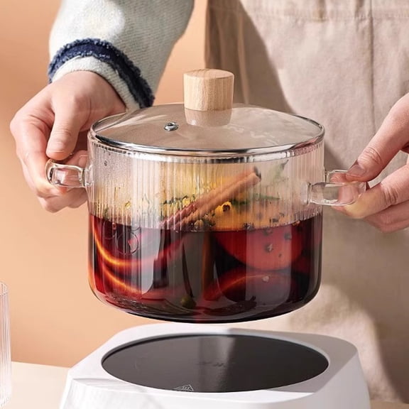Djiypn Versatile 1.6L Non-Stick Glass Cooking Pot with Heat-Resistant Wooden Handle for Slow Simmering, Stewing, and Frying - Ideal for Home Chefs and Everyday Cooking Needs