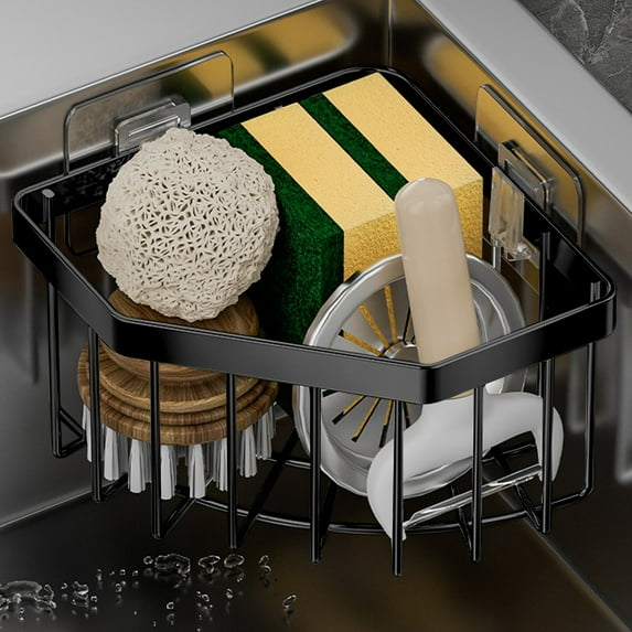 Djiypn Wall Mounted Sink Caddy Organizer, Carbon Steel Kitchen Sponge Holder with 2 Adhesive Hooks, Triangular Drain Rack, 7x5.12x3.54 Inch (Black)