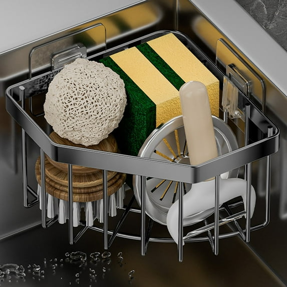Djiypn Wall Mounted Sink Caddy Organizer, Carbon Steel Kitchen Sponge Holder with 2 Adhesive Hooks, Triangular Drain Rack, 7x5.12x3.54 Inch (Gray)
