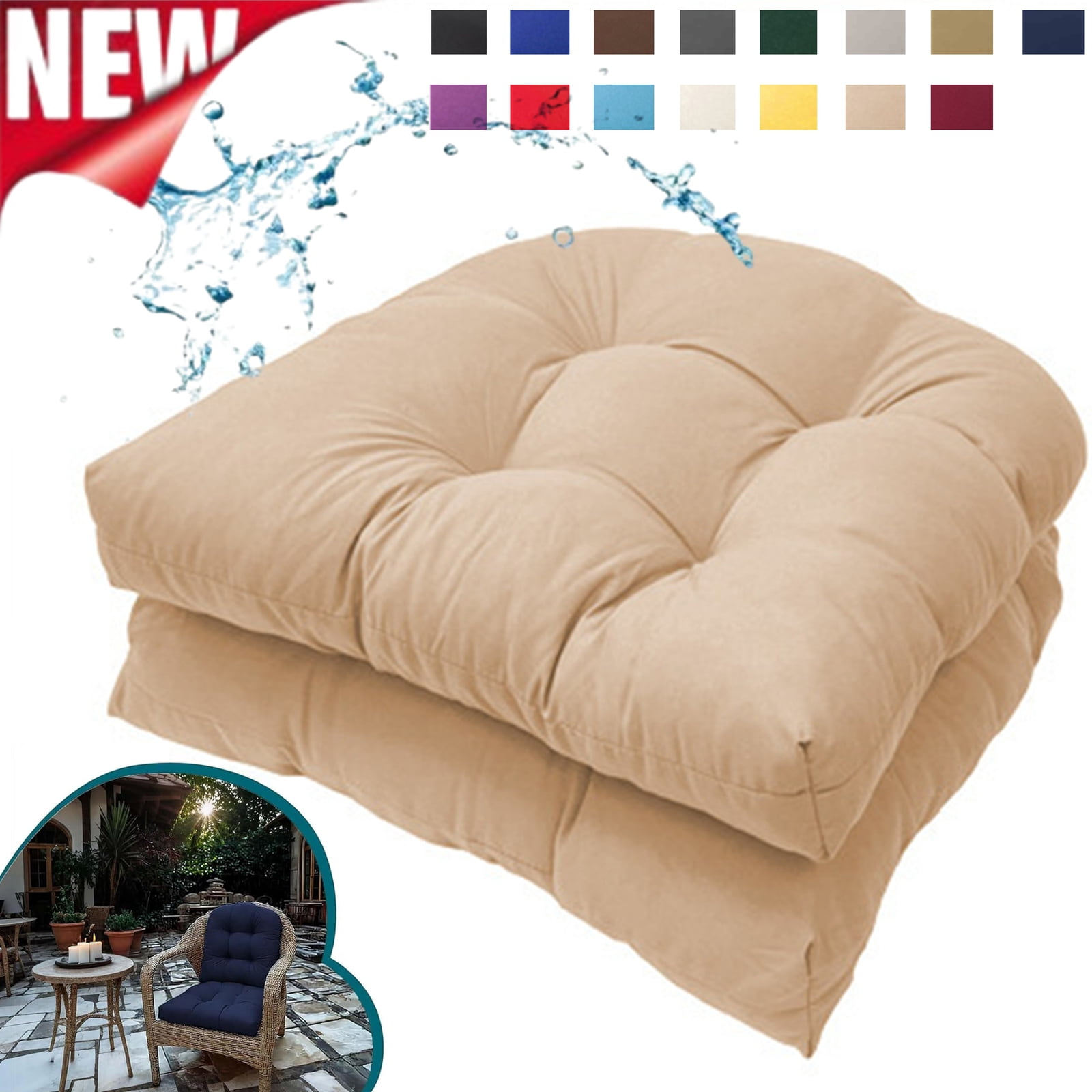 Djiypn Water-Repellent Outdoor Chair Cushions Set of 2, 19"X19" Patio Chair Cushions with High Elasticity PP Cotton, Tufted Seat Cushions for Outdoor Furniture, Thick Patio Cushions