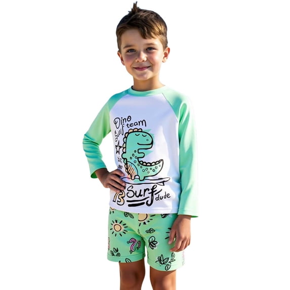 Djtdsds Boys 2 Piece Dinosaur Print Swim Set Long Sleeve Rash Guard & Swim Trunks Size:3-4 Years