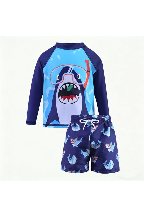 Boys 2 Piece Rash Guard Set Crew Neck Long Sleeve Diving UPF 50+ Size:4-5 Years