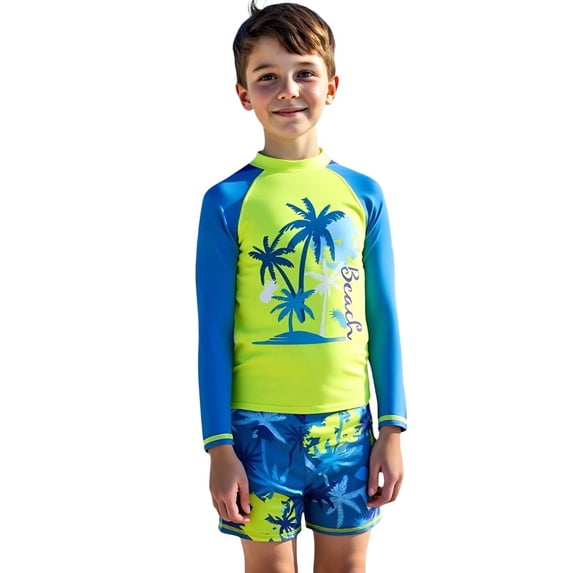 Djtdsds Boys 2 Piece Swim Set UPF 50+ Long Sleeve Rash Guard Sun Protection for Big Kids Size:11-12 Years