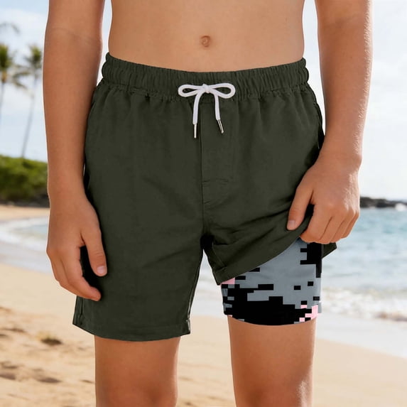 Djtdsds Boys Solid Swim Trunks with Camo Liner 2 in 1 Compression Liner Board Shorts with Pockets Size:7-8 Years
