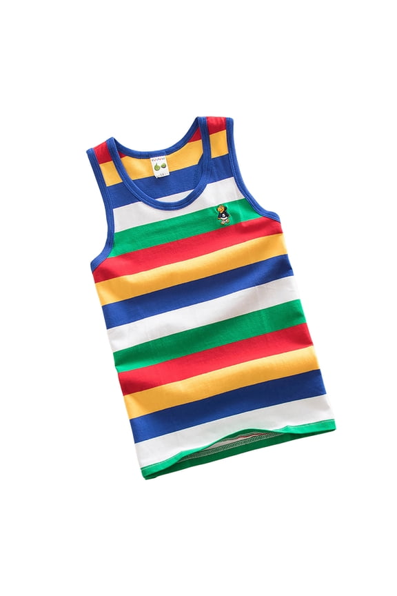 Boys Striped Tank Top with Embroidered Penguin Casual Sleeveless Cotton Shirt Size:6-7 Years