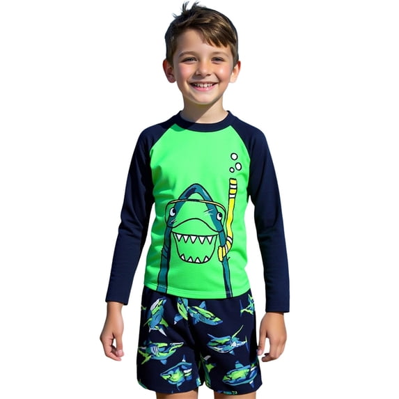 Djtdsds Baby Boys 2 Piece Rash Guard Set Long Sleeve UPF 50+ Swim Top with Swim Trunks Size:4-5 Years