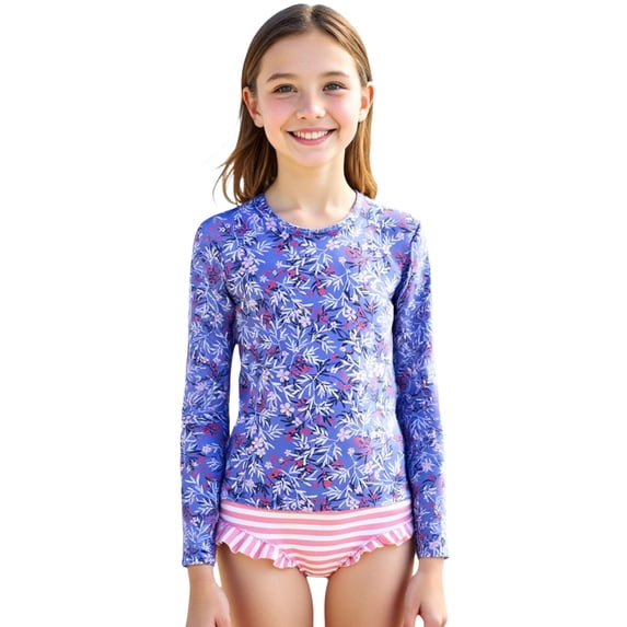 Djtdsds Girls 2 Piece Floral Print Rash Guard Swimsuit Long Sleeve Swim Top with Striped Ruffled Bottom Size:10-11 Years