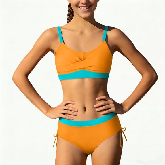 Djtdsds Girls Beach Swimsuit Front Crop Top Tie Side Bottom Size:9-10 Years